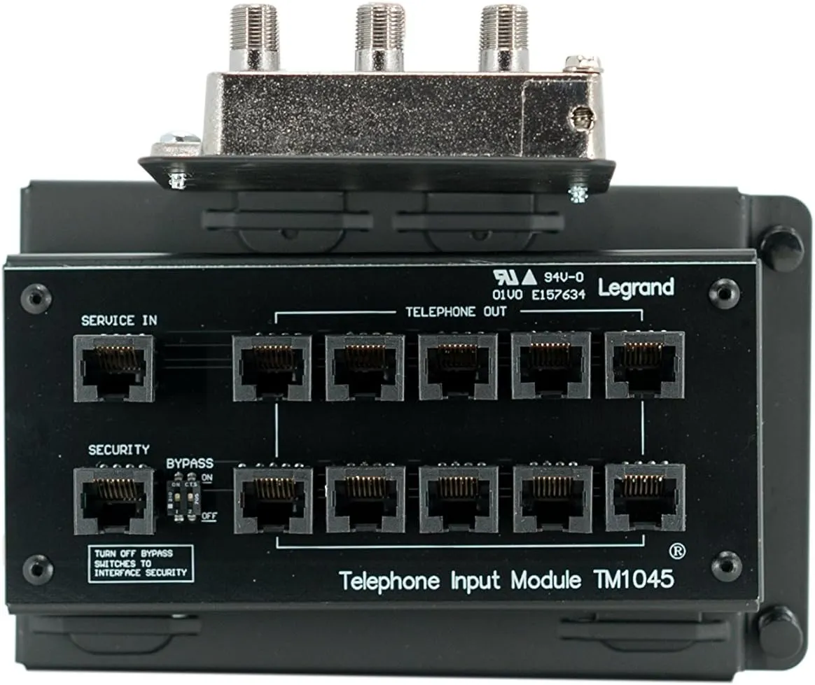 Legrand - OnQ Telephone Input Module, 8x10 Combo Module Mounting Bracket, RJ45 with RJ31X for 4 Incoming Telephone Lines to 10 Locations and 1GHz Video to 8 Locations, 1 Count, TM1045