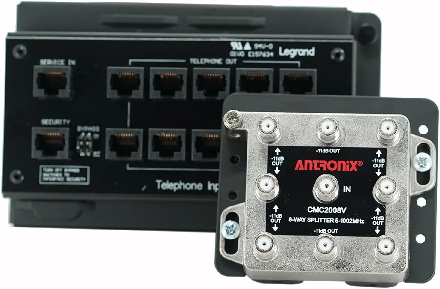 Legrand - OnQ Telephone Input Module, 8x10 Combo Module Mounting Bracket, RJ45 with RJ31X for 4 Incoming Telephone Lines to 10 Locations and 1GHz Video to 8 Locations, 1 Count, TM1045