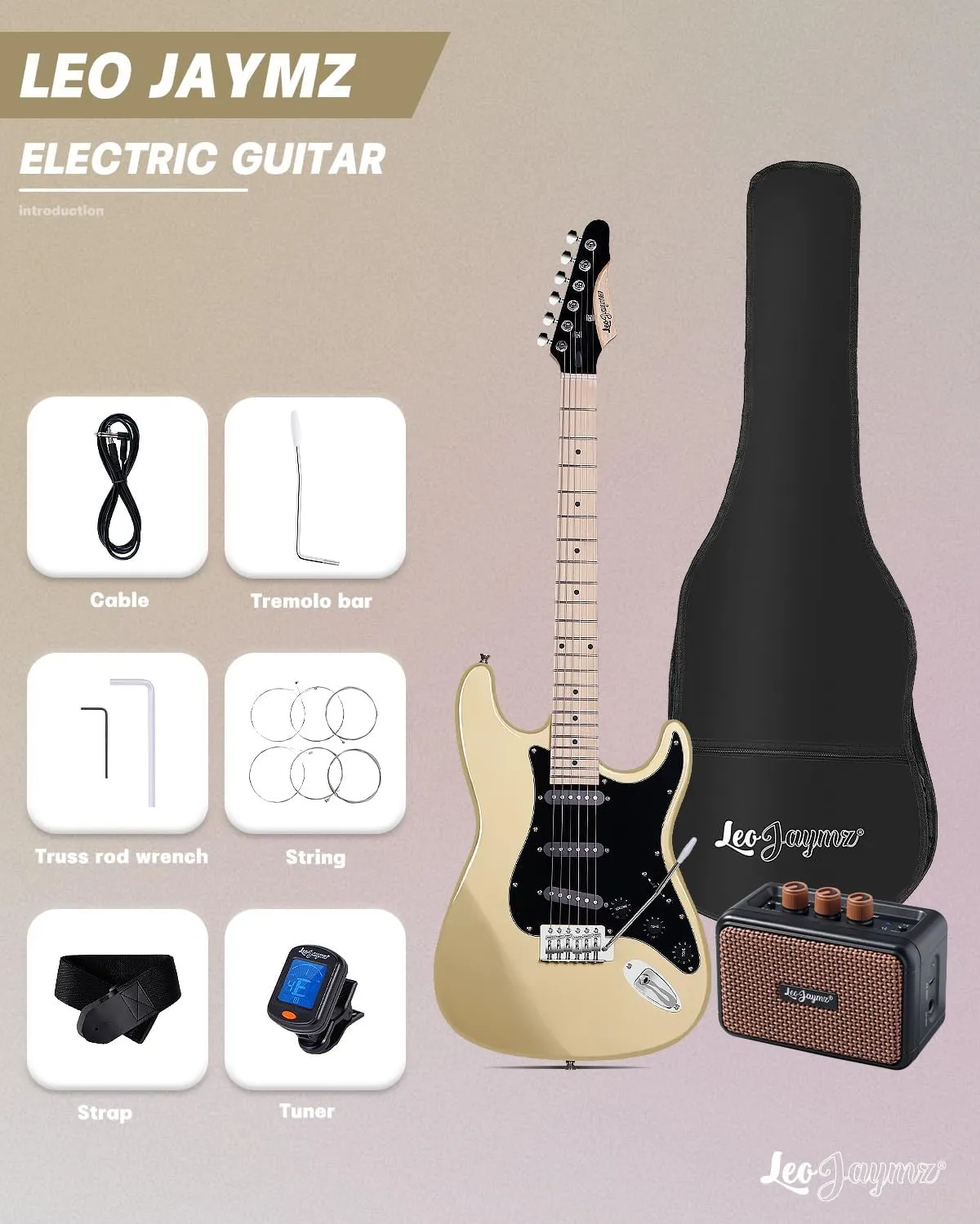 Leo Jaymz 39" Full Size ST Style Electric Guitar Starter Kit with SSH Pickup, 5W Portable Amp, Tuner, Gig Bag, Strap & Accessories(Gold 5W)