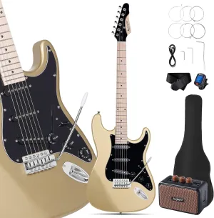 Leo Jaymz 39" Full Size ST Style Electric Guitar Starter Kit with SSH Pickup, 5W Portable Amp, Tuner, Gig Bag, Strap & Accessories(Gold 5W)