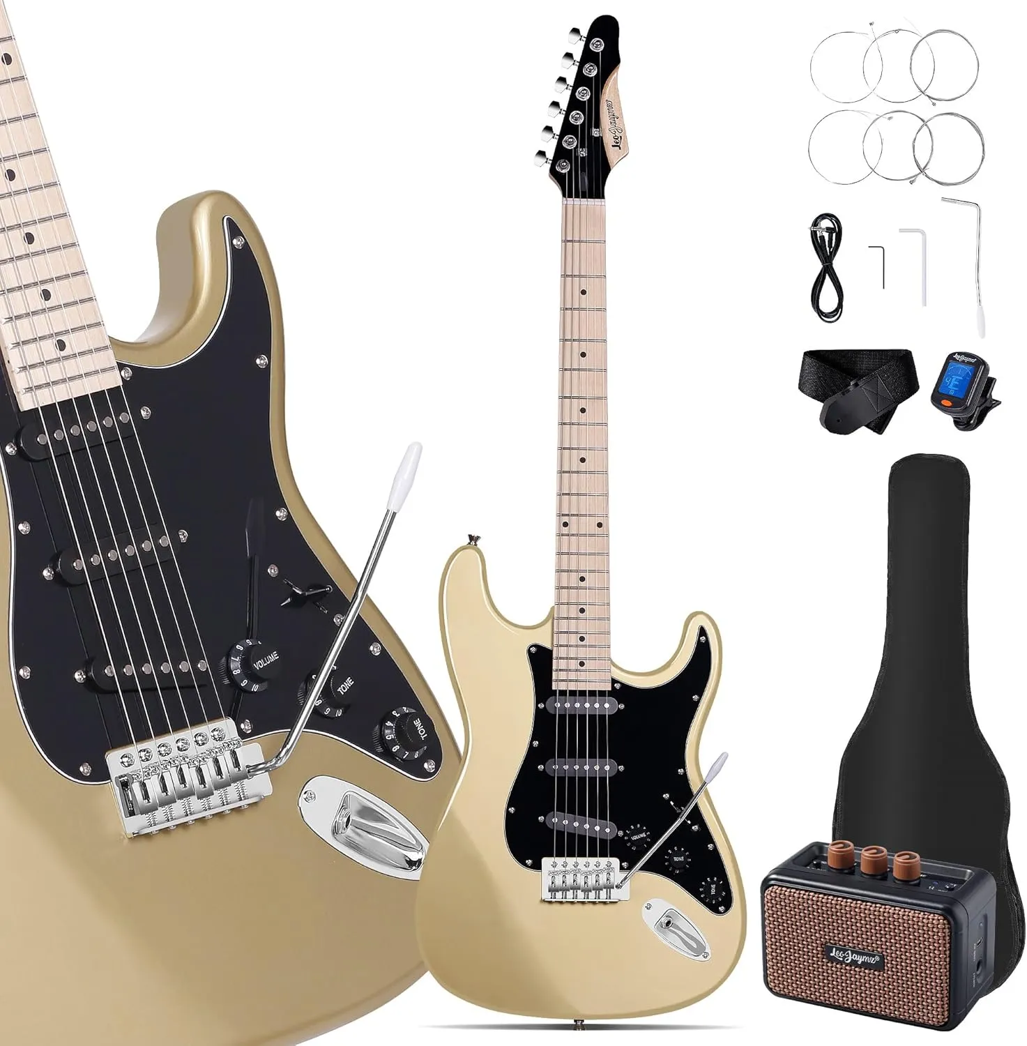 Leo Jaymz 39" Full Size ST Style Electric Guitar Starter Kit with SSH Pickup, 5W Portable Amp, Tuner, Gig Bag, Strap & Accessories(Gold 5W)
