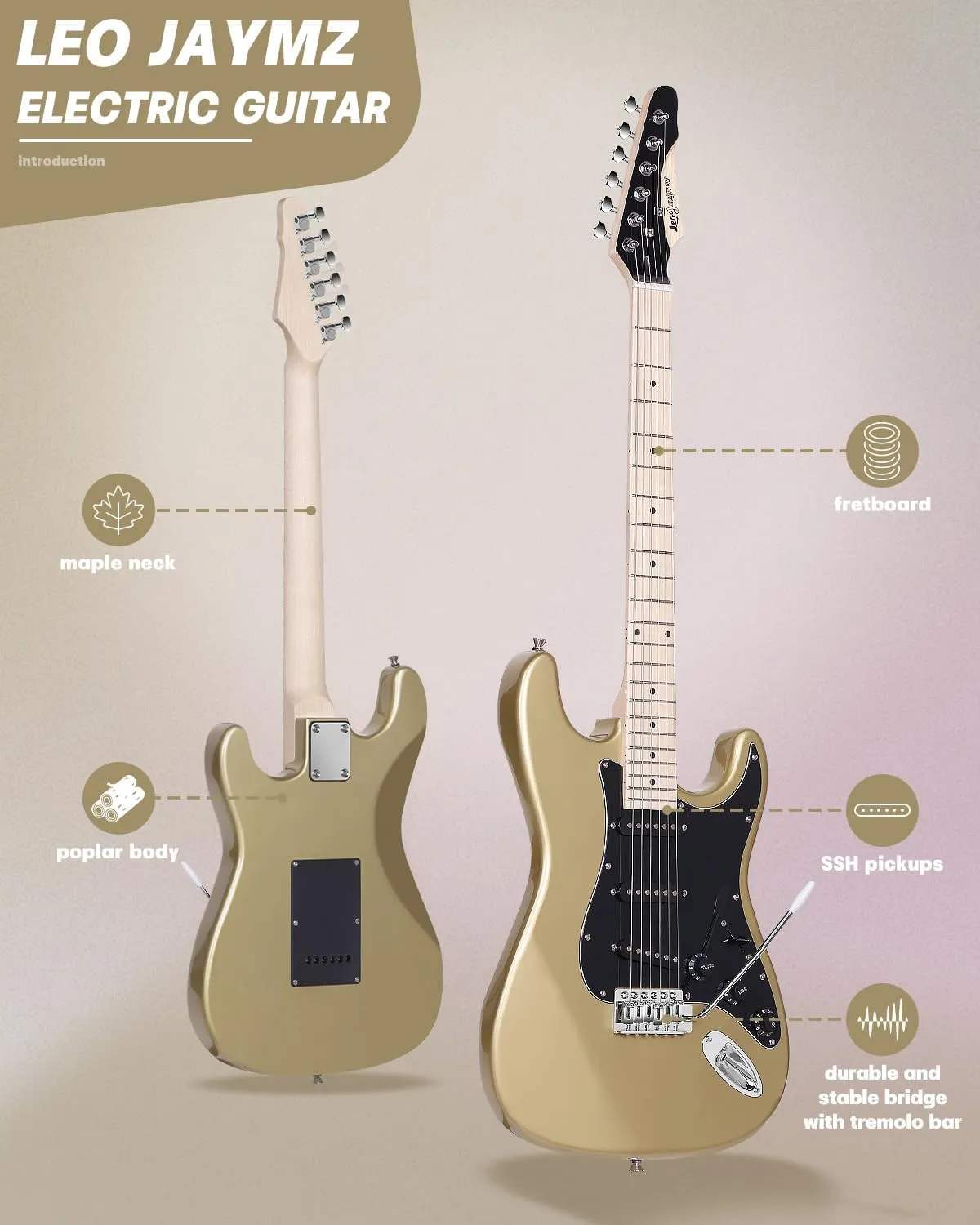 Leo Jaymz 39" Full Size ST Style Electric Guitar Starter Kit with SSH Pickup, 5W Portable Amp, Tuner, Gig Bag, Strap & Accessories(Gold 5W)