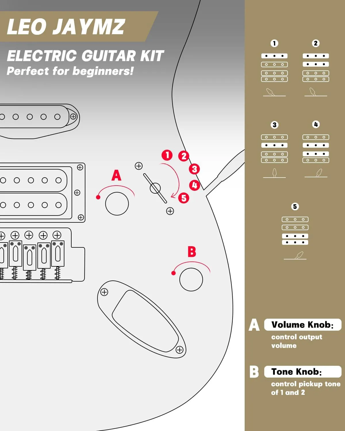 Leo Jaymz 39" Full Size ST Style Electric Guitar Starter Kit with SSH Pickup, 5W Portable Amp, Tuner, Gig Bag, Strap & Accessories(Gold 5W)