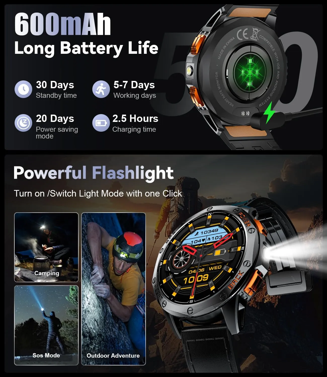 LIGE GPS Military Smart Watch for Men, LED Flashlight/Compass/45 Days Battery/IP68 Waterproof 1.43'' AMOLED Smartwatch, 100  Sports Modes Fitness Smart Watch, Rugged Smart Watches for Android iOS