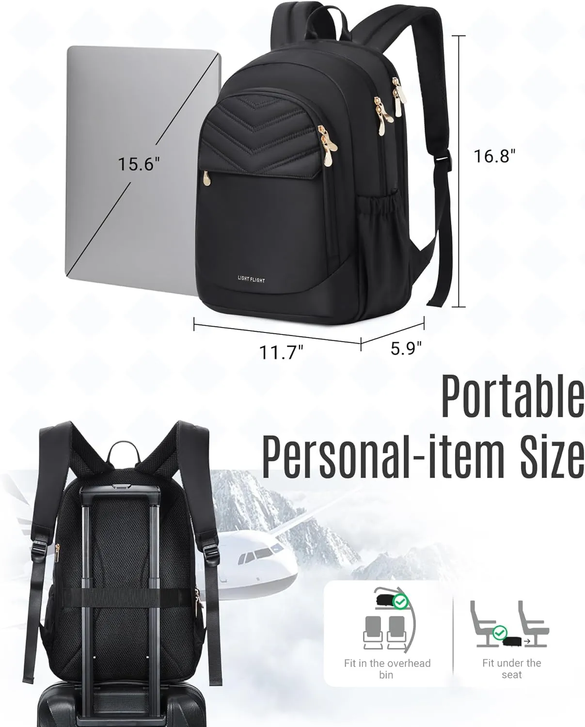 LIGHT FLIGHT Travel Backpack for Women, 15.6" Laptop Backpack with USB Charging Hole, Water Resistant, Large Capacity, Black Daypack for College, Work, Casual Computer Bags