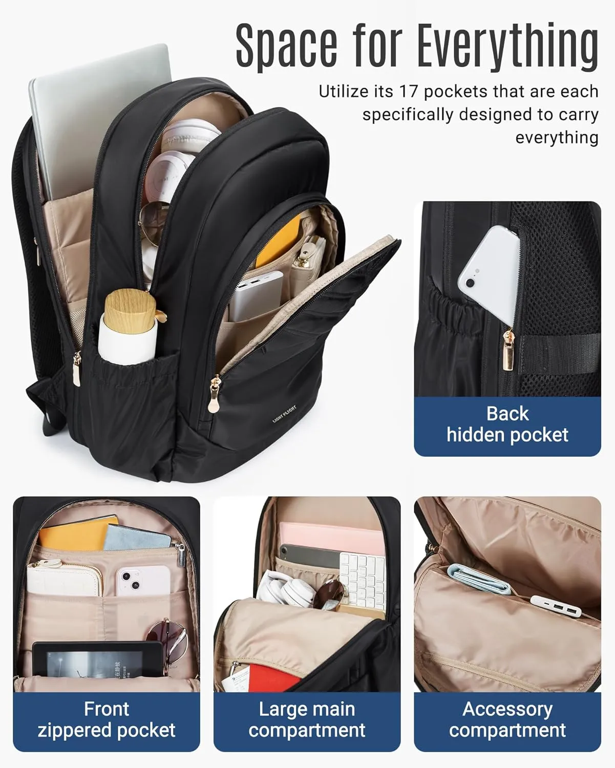 LIGHT FLIGHT Travel Backpack for Women, 15.6" Laptop Backpack with USB Charging Hole, Water Resistant, Large Capacity, Black Daypack for College, Work, Casual Computer Bags