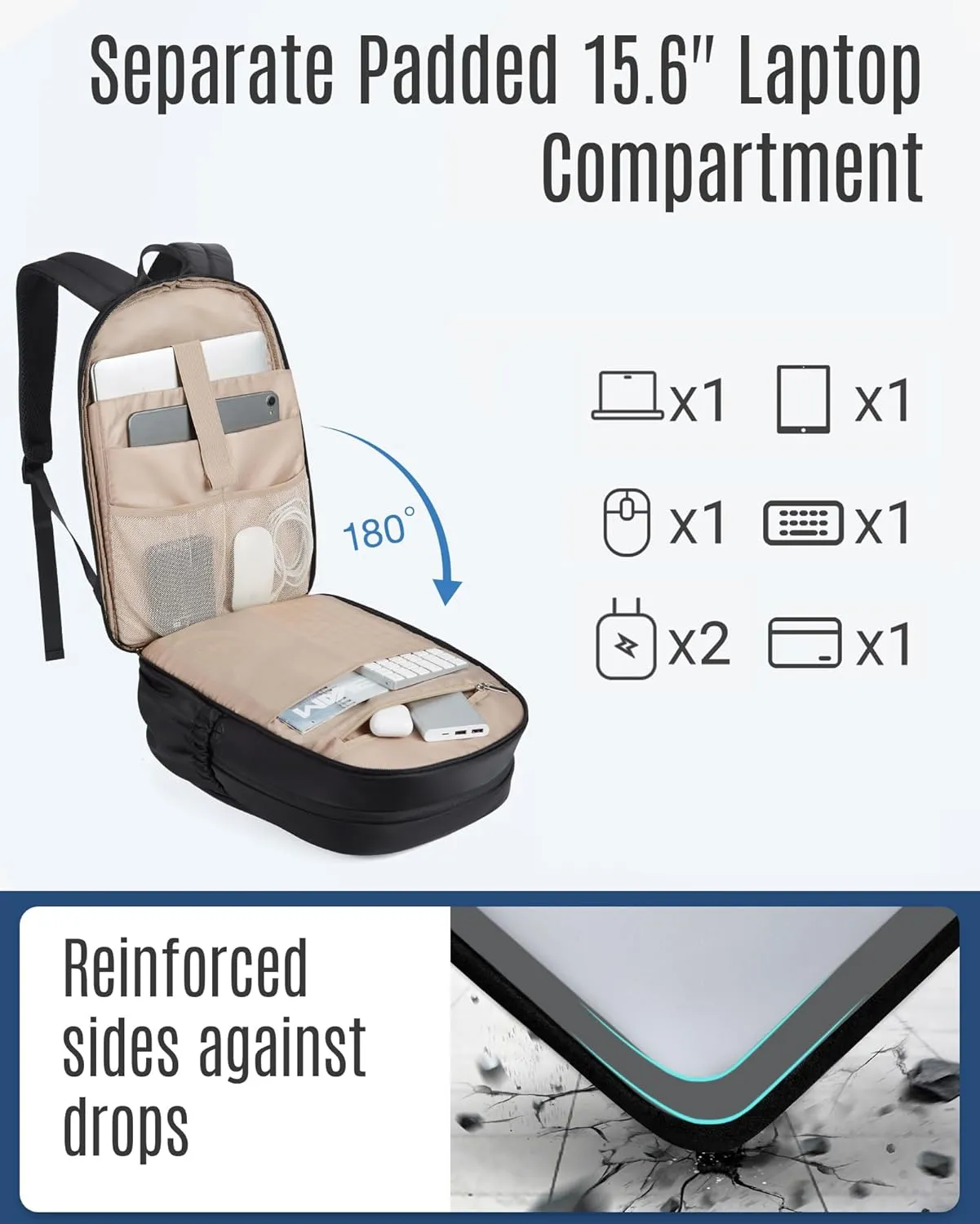 LIGHT FLIGHT Travel Backpack for Women, 15.6" Laptop Backpack with USB Charging Hole, Water Resistant, Large Capacity, Black Daypack for College, Work, Casual Computer Bags