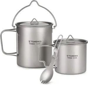 Lightweight Titanium 3 Pieces Set Titanium 750ml Pot 350ml Water Cup Mug with Lid Collapsible Handle Folding Spork for Outdoor Camping Hiking Backpacking