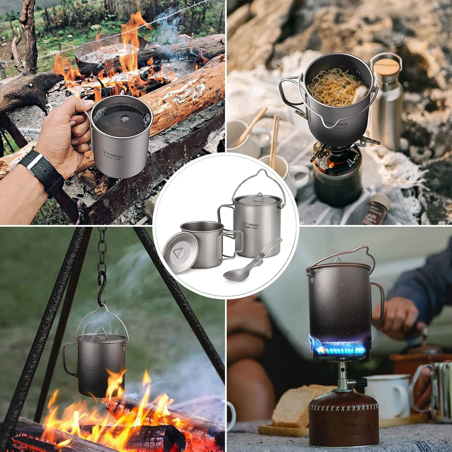 Lightweight Titanium 3 Pieces Set Titanium 750ml Pot 350ml Water Cup Mug with Lid Collapsible Handle Folding Spork for Outdoor Camping Hiking Backpacking