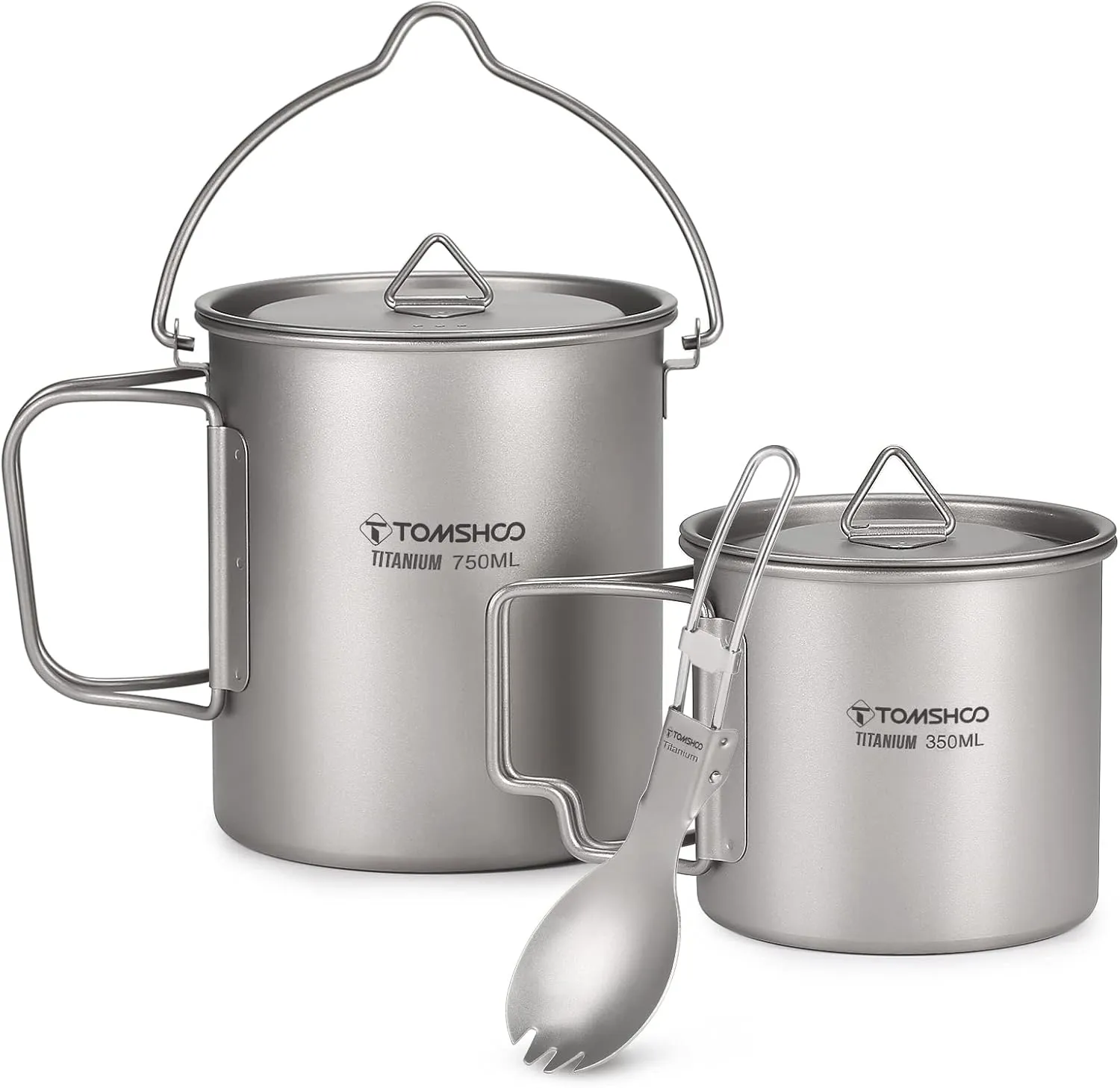 Lightweight Titanium 3 Pieces Set Titanium 750ml Pot 350ml Water Cup Mug with Lid Collapsible Handle Folding Spork for Outdoor Camping Hiking Backpacking