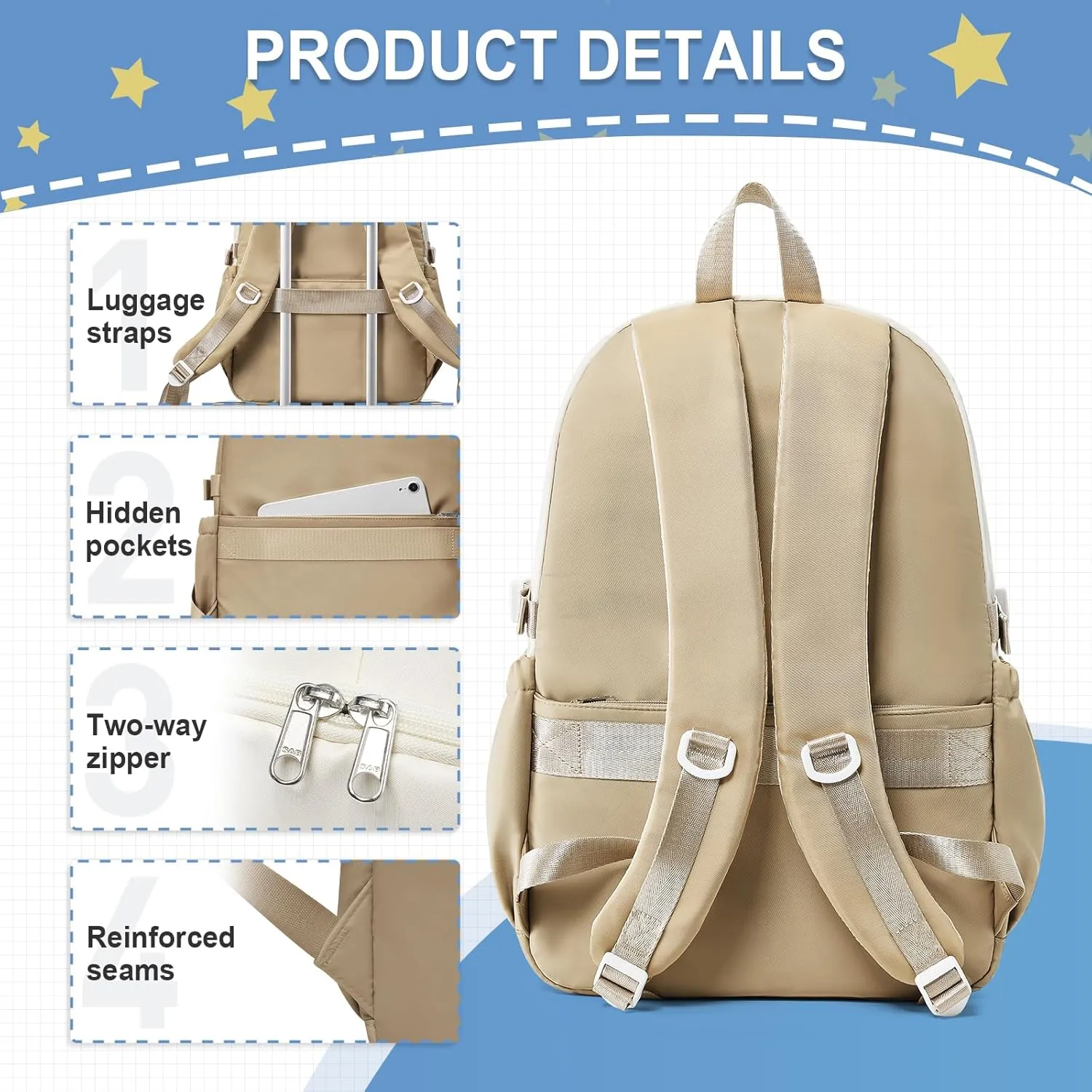 Lightweight Waterproof Backpack for Women Men Large Capacity College School Bag with Luggage Straps Multiple Pockets Durable High School Bookbag, Casual Daypacks for Students Girls Boys(Beige & khaki)