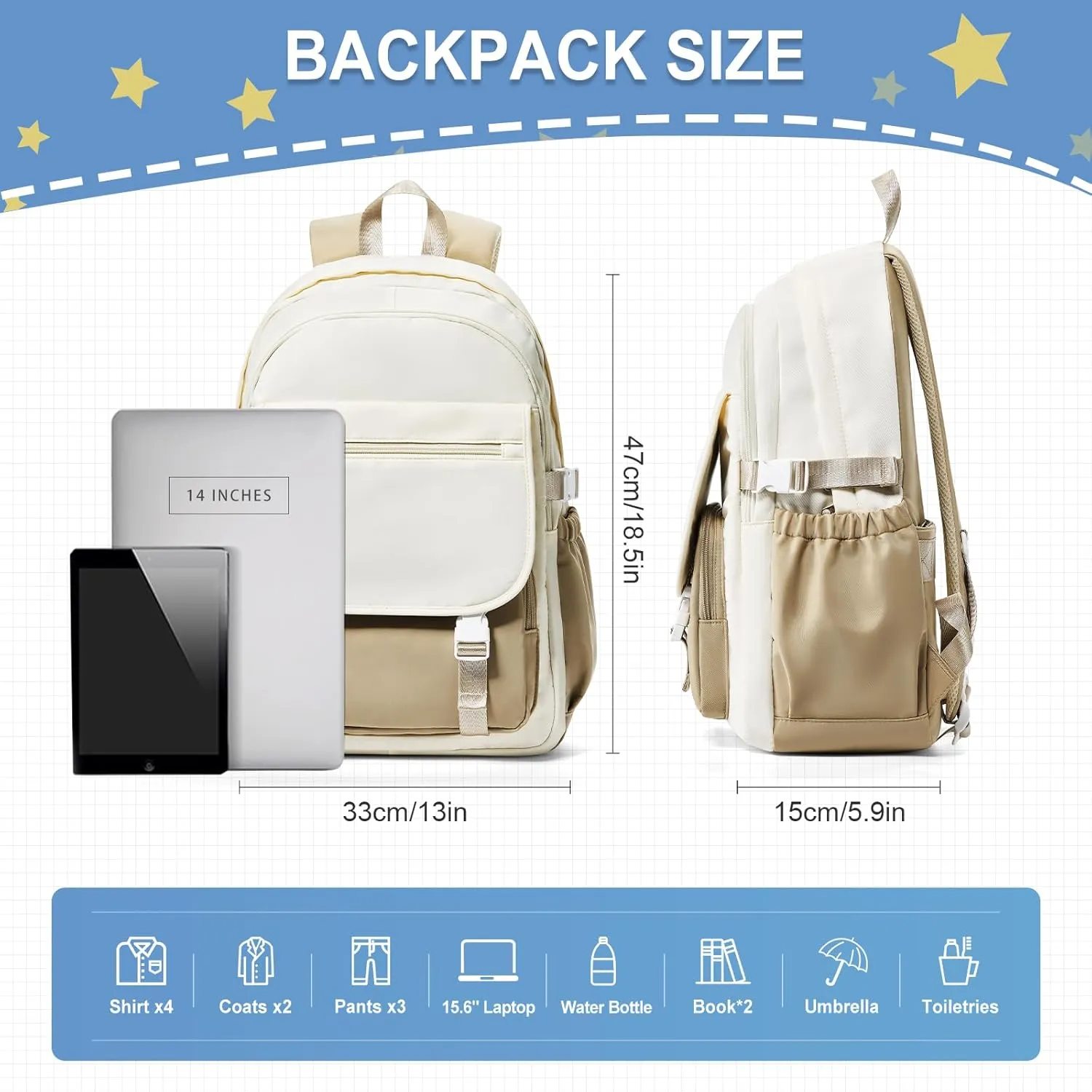 Lightweight Waterproof Backpack for Women Men Large Capacity College School Bag with Luggage Straps Multiple Pockets Durable High School Bookbag, Casual Daypacks for Students Girls Boys(Beige & khaki)