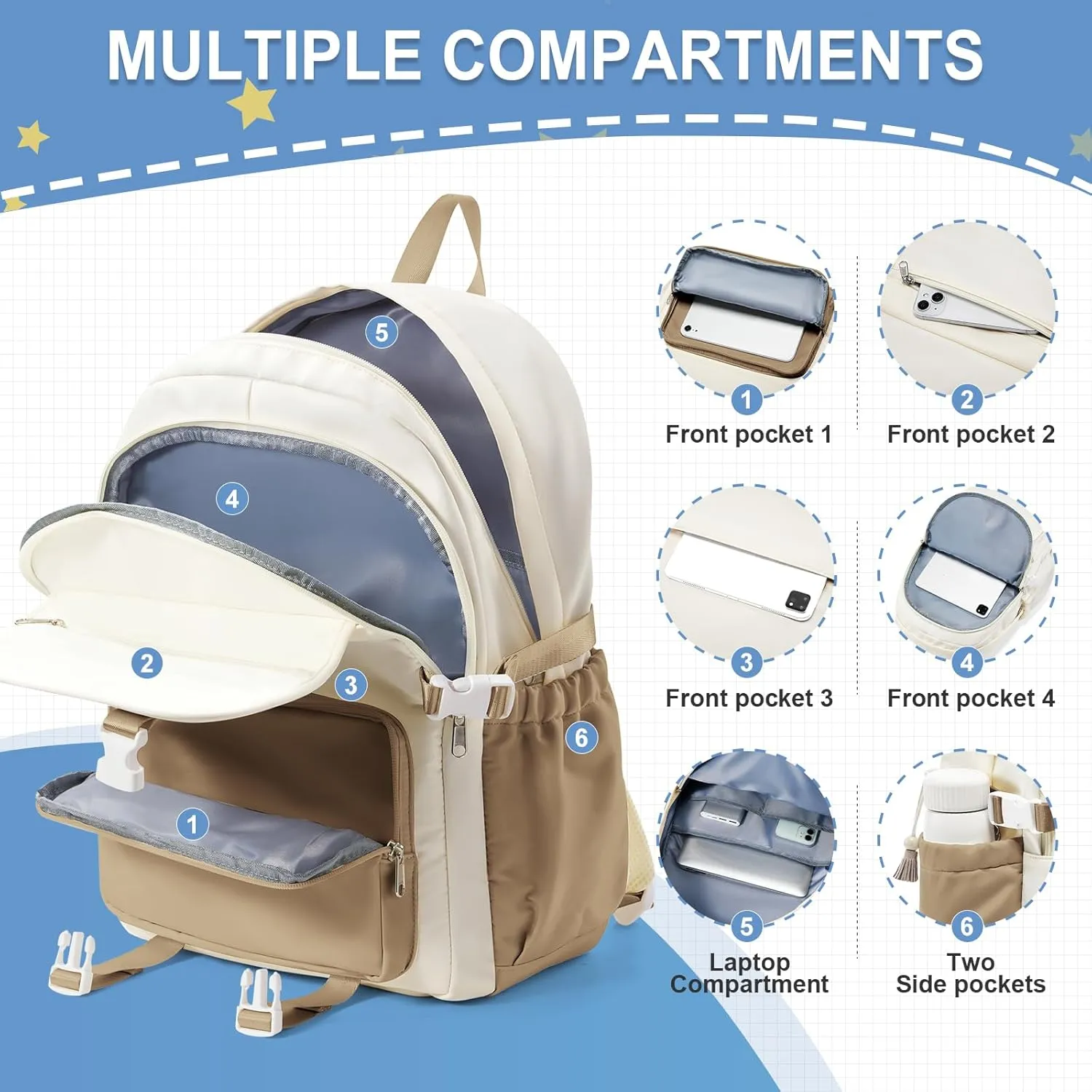 Lightweight Waterproof Backpack for Women Men Large Capacity College School Bag with Luggage Straps Multiple Pockets Durable High School Bookbag, Casual Daypacks for Students Girls Boys(Beige & khaki)
