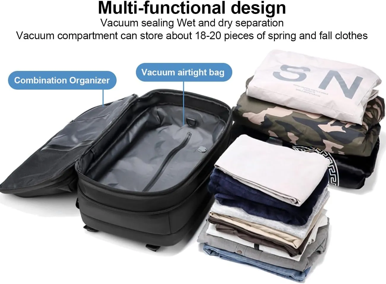 Litex Vacpack Backpack, Vac Pack Backpack, Expandable Backpack With Vacuum Compression, Anti Theft Travel Backpack (Blcak)