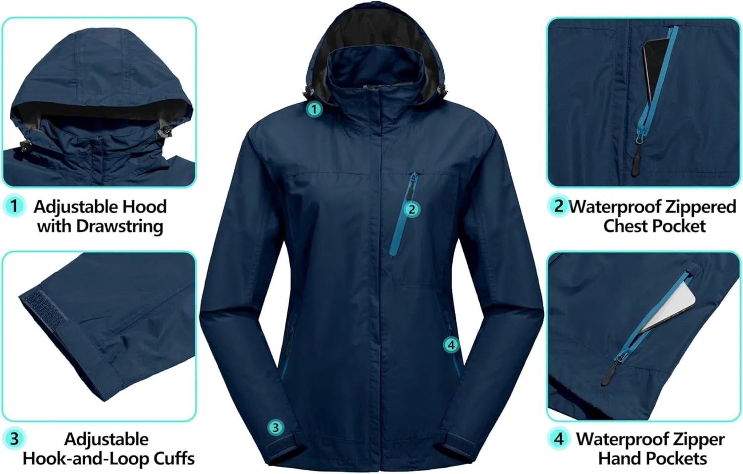 Little Donkey Andy Women's Waterproof Rain Jacket with Hood Breathable Lightweight Windbreaker Rain Shell Coat