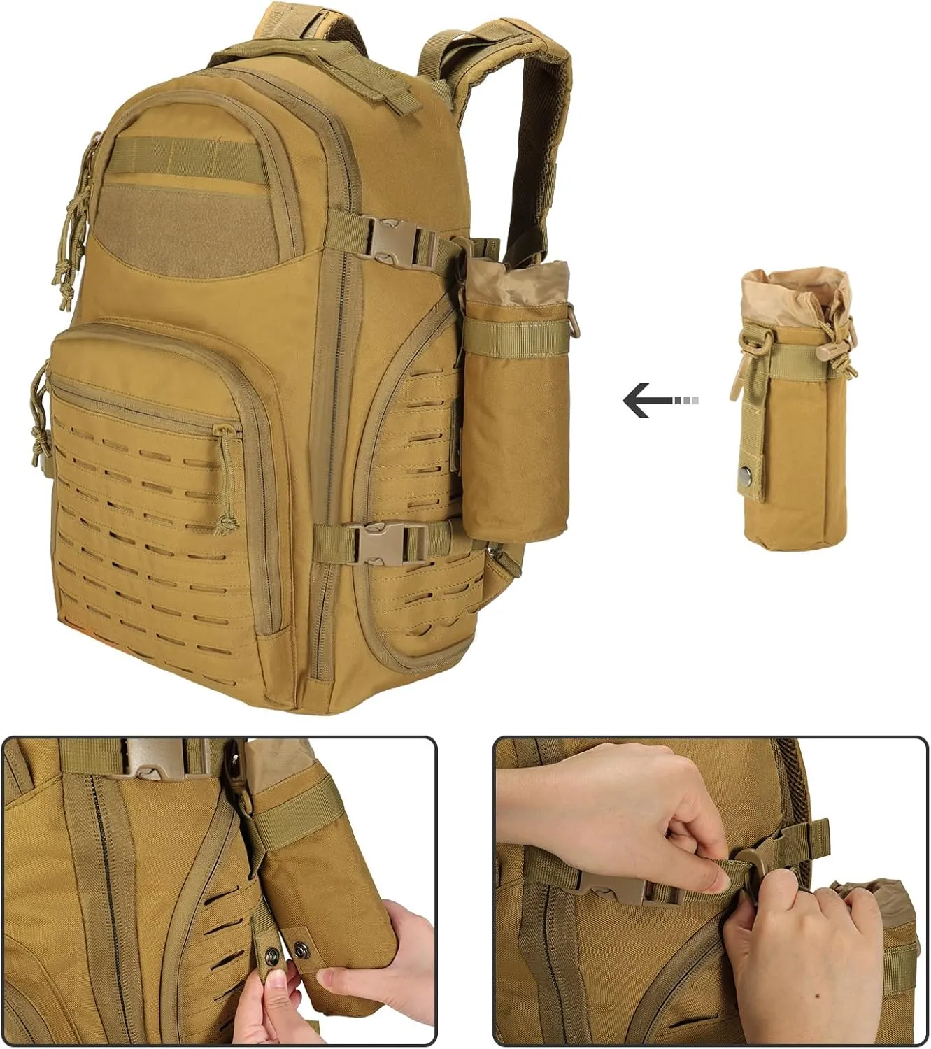 LiveGo 45L Military Tactical Backpack, Hiking Trekking Rucksack with Water Bottle Sleeve - Suitable for Hiking, Climbing, Traveling (Light Brown)