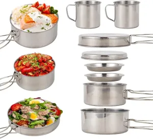 Lixada Camping Cookware Mess Kit, 8PCS Stainless Steel Cooking Pot and Pan Set with Plates Cups Lightweight Backpacking Cook Set for Outdoor Camping Hiking Backpacking