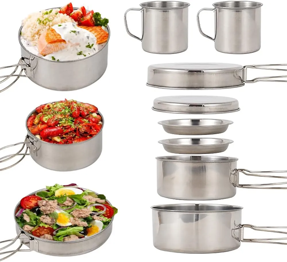 Lixada Camping Cookware Mess Kit, 8PCS Stainless Steel Cooking Pot and Pan Set with Plates Cups Lightweight Backpacking Cook Set for Outdoor Camping Hiking Backpacking