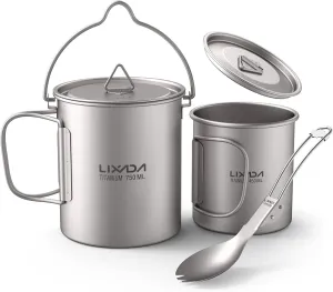 Lixada Lightweight Ti 5 Pieces Set Ti 750ml Pot 450ml and 350ml Water Cup with Lid Collapsible Handle Folding Spork for Outdoor Camping Hiking Backpacking