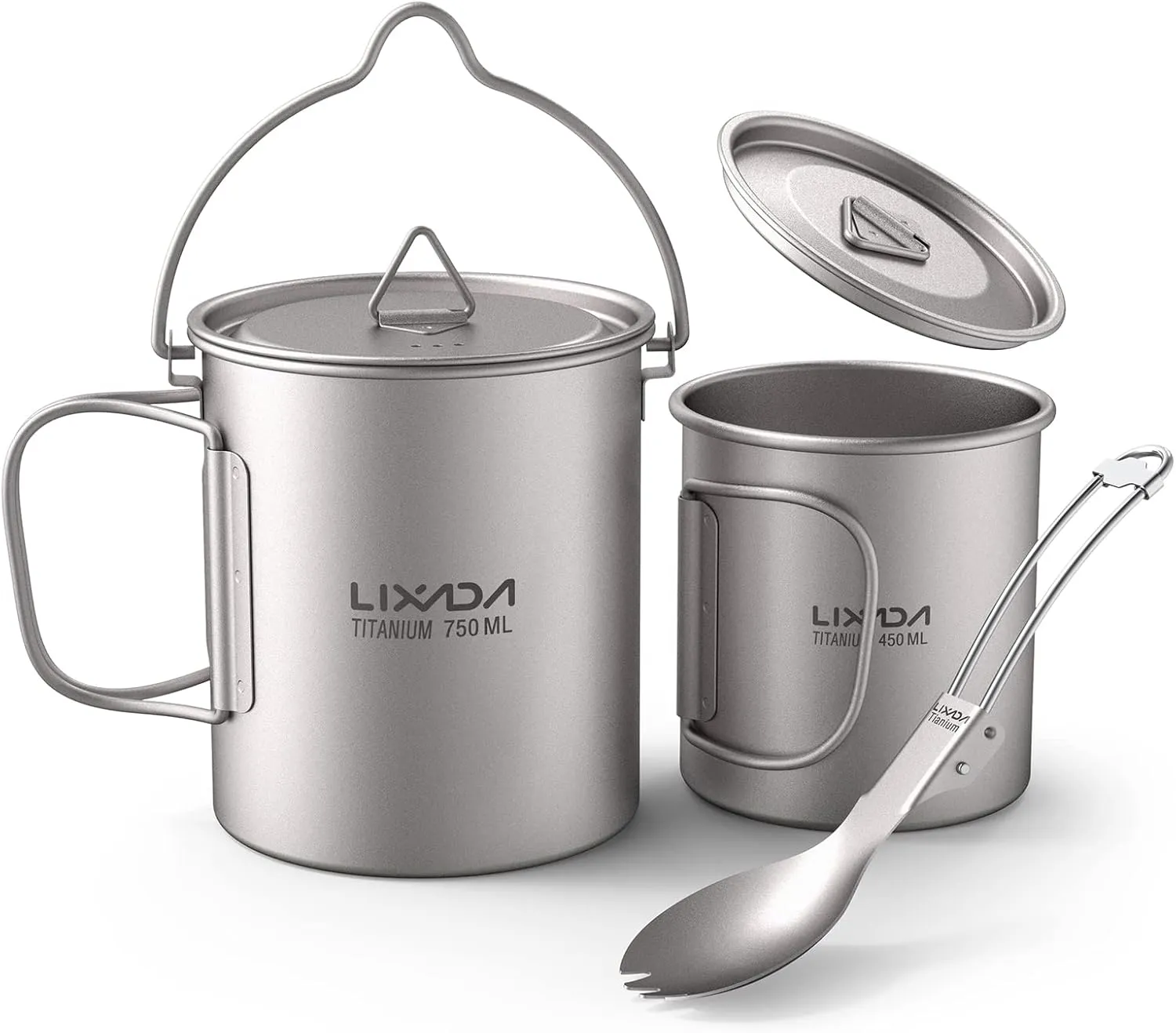 Lixada Lightweight Ti 5 Pieces Set Ti 750ml Pot 450ml and 350ml Water Cup with Lid Collapsible Handle Folding Spork for Outdoor Camping Hiking Backpacking