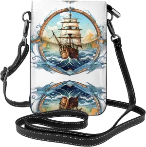 LLKGO TSail Boat Nautical Compass Pattern Crossbody bag, mobile phone bag, women's small wallet, a practical gift suitable for going out, exercising, and shopping