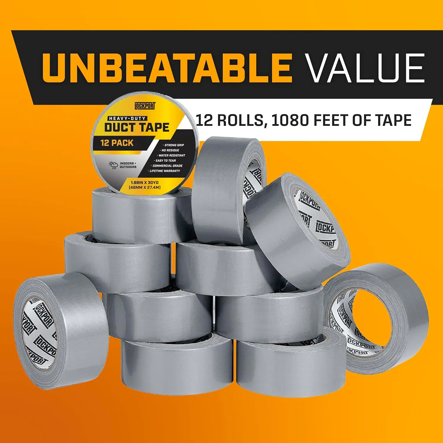 Lockport Duct Tape Heavy Duty Waterproof - 30 Yards x 2 Inch - 12 Roll Pack Silver Duct Tape Bulk Pack - No Residue, Flexible, Strong, All-Weather and Easy Tear - Grey Heavy Duty