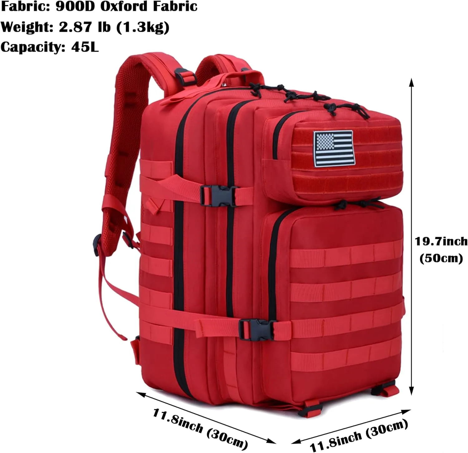 Long Keeper Military Tactical Backpack - Men 45L 3 Days Large Army Molle System Camping Hiking Bags Rucksack (Red)