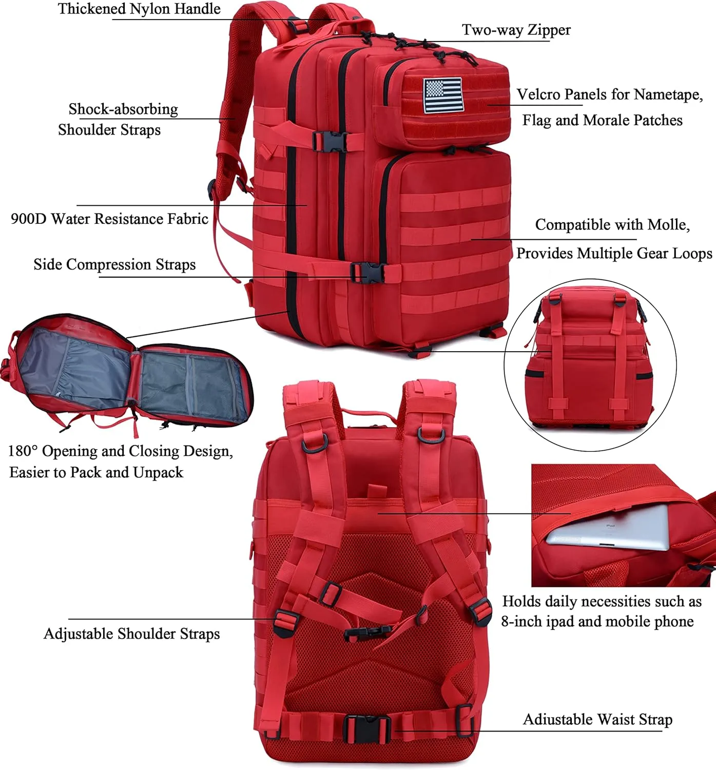 Long Keeper Military Tactical Backpack - Men 45L 3 Days Large Army Molle System Camping Hiking Bags Rucksack (Red)