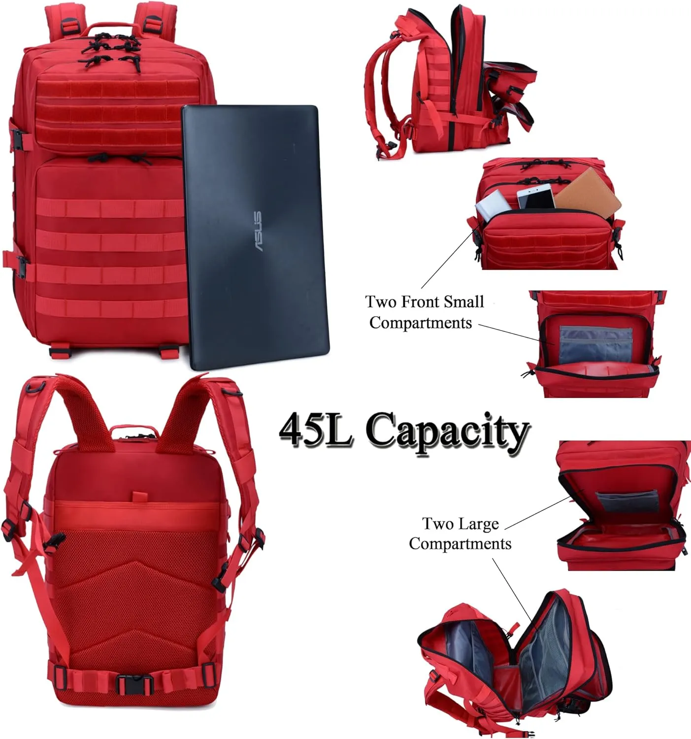 Long Keeper Military Tactical Backpack - Men 45L 3 Days Large Army Molle System Camping Hiking Bags Rucksack (Red)