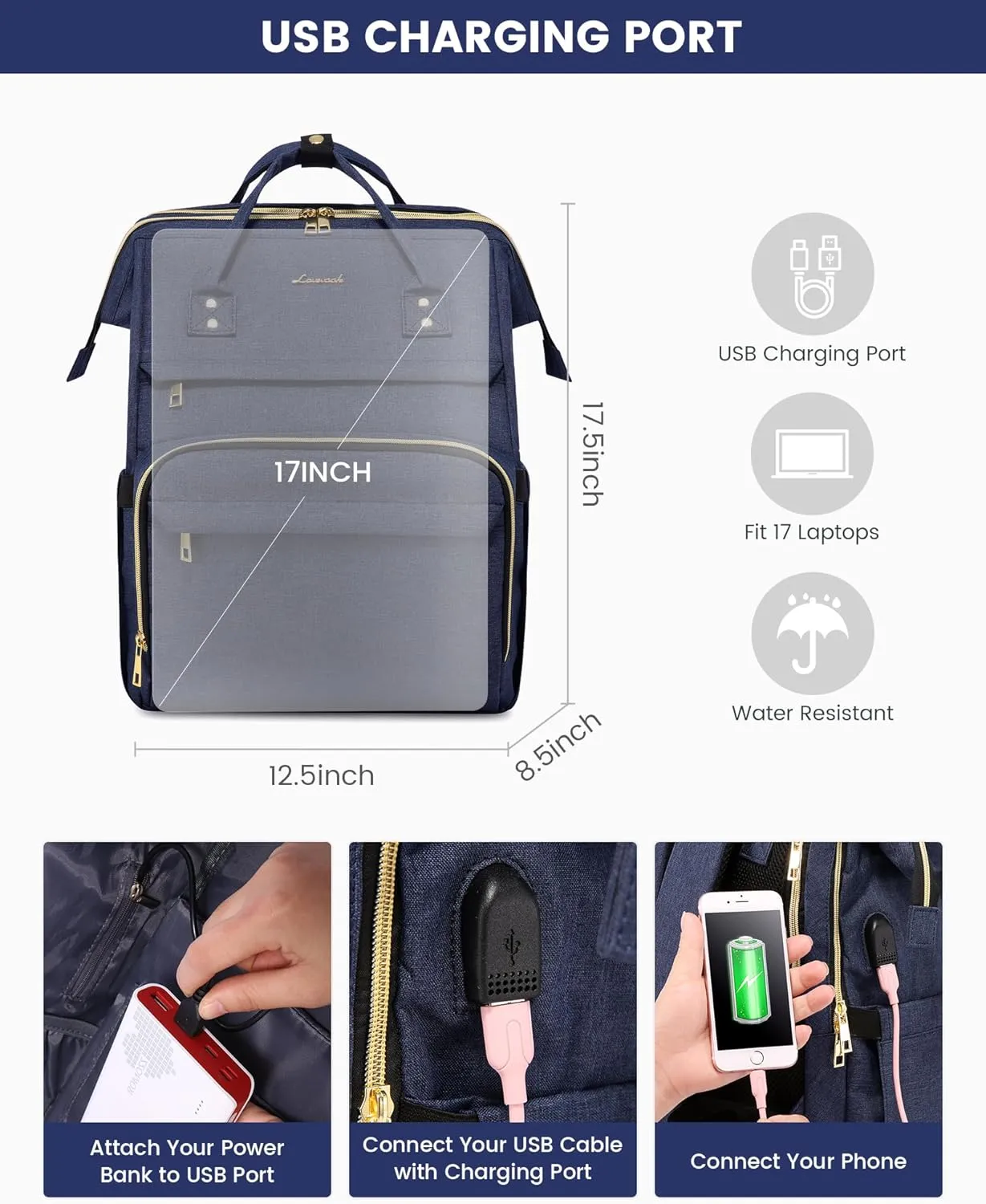 LOVEVOOK 17.3 Inch Laptop Backpack, Large Travel Backpack for Women, Water Resistant Teacher Backpack with Laptop Compartment, Professional Business Work bags with Charger, Navy Blue