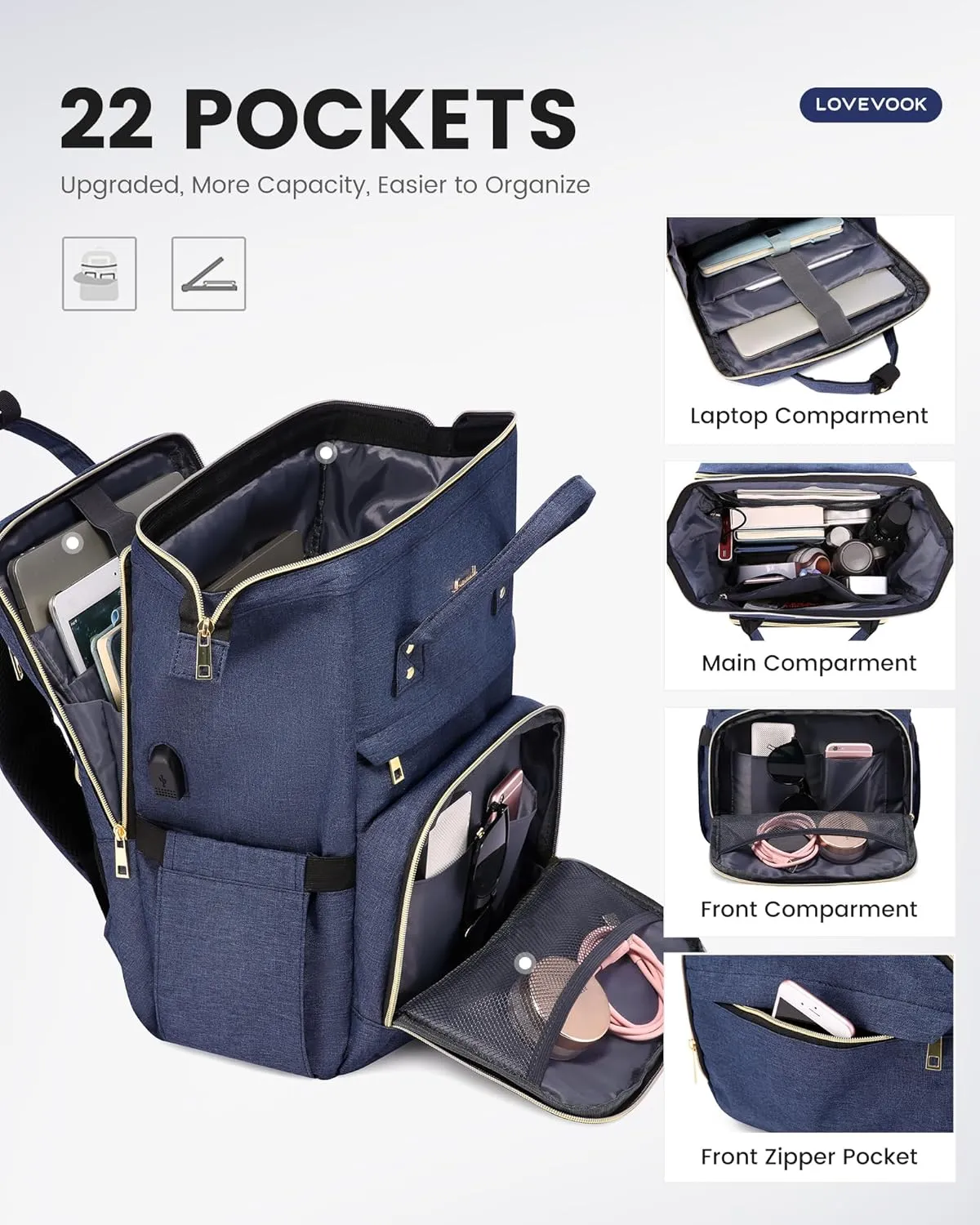 LOVEVOOK 17.3 Inch Laptop Backpack, Large Travel Backpack for Women, Water Resistant Teacher Backpack with Laptop Compartment, Professional Business Work bags with Charger, Navy Blue