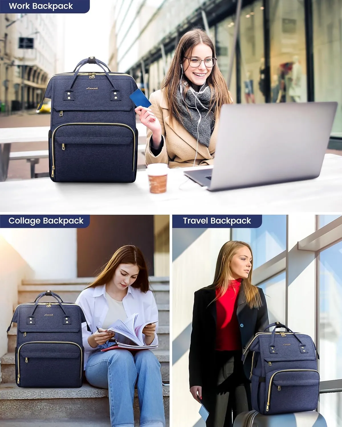 LOVEVOOK 17.3 Inch Laptop Backpack, Large Travel Backpack for Women, Water Resistant Teacher Backpack with Laptop Compartment, Professional Business Work bags with Charger, Navy Blue