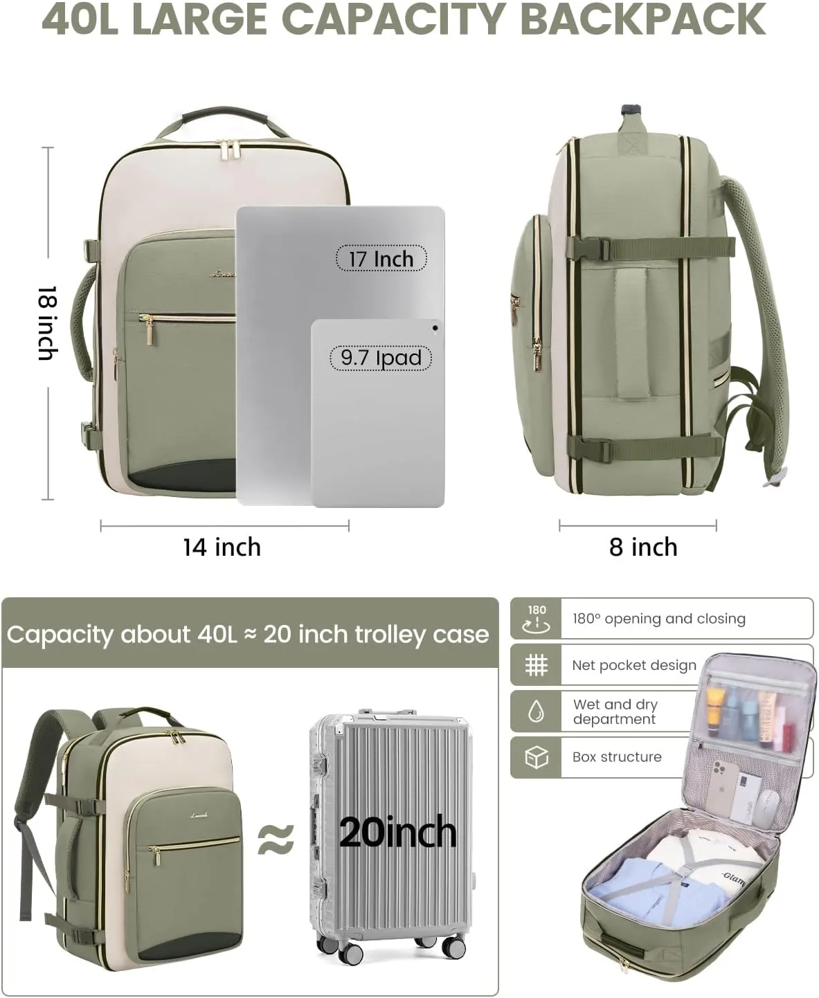 LOVEVOOK 40L Travel Backpack for Women & Men, Large Carry on Backpack for Airplanes with 3 Packing Cubes, TSA Personal Item Travel Bag fits 17" Laptop, Waterproof Weekender Essentials Airline Approved