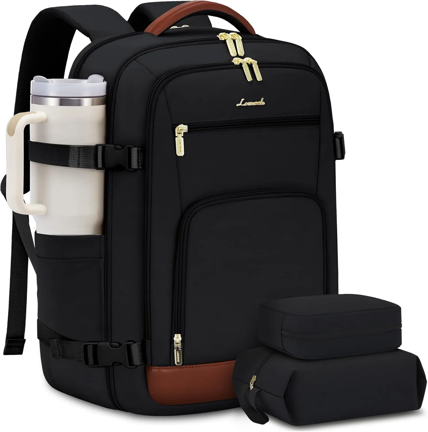 LOVEVOOK Carry On Travel Backpack For Women Men Flight Approved, 40L Personal Item Backpack for Airplanes, Business Weekender Overnight Daypack Fits 17 Inch Laptop, With 2 Packing Cubes, Black-Brown