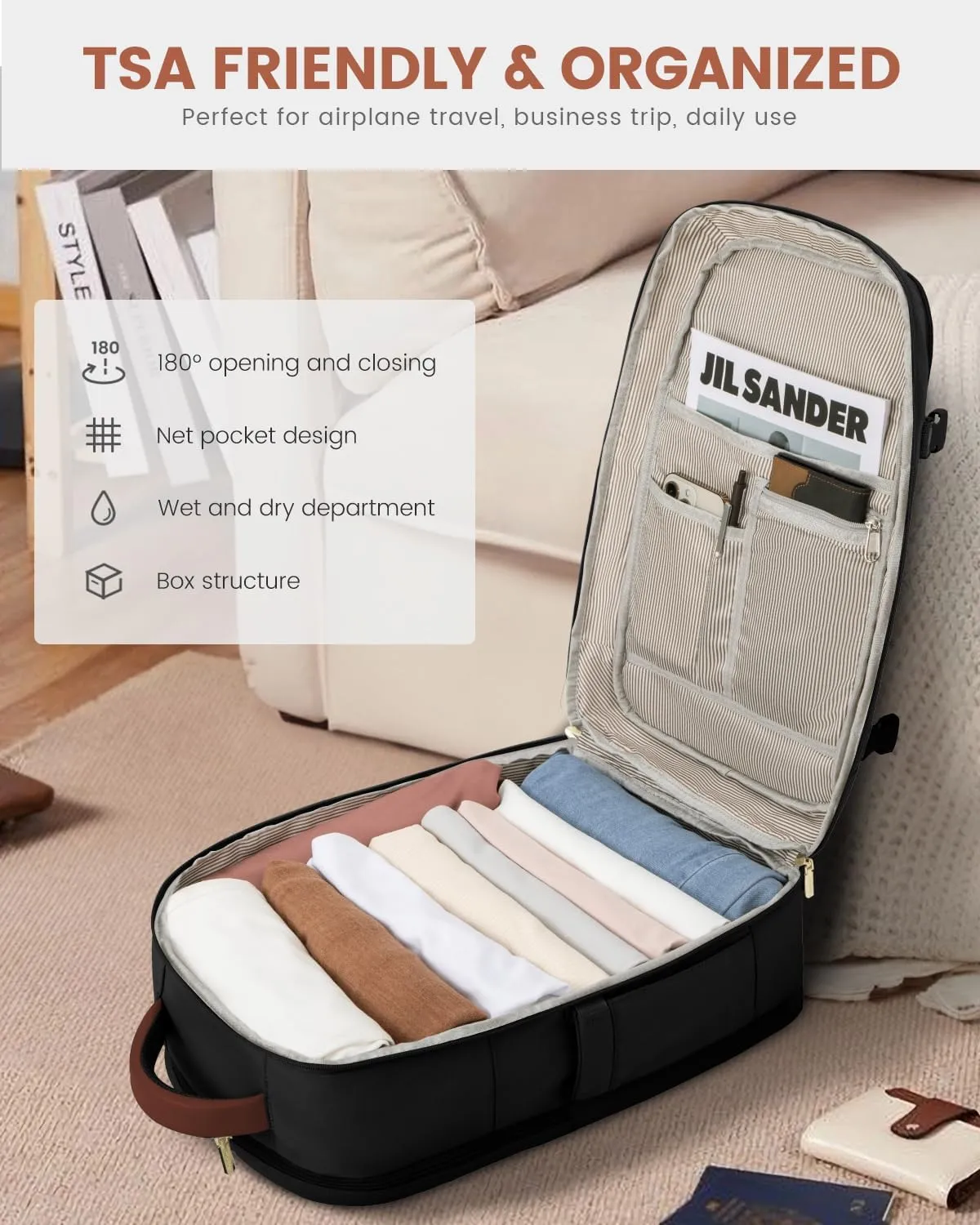 LOVEVOOK Carry On Travel Backpack For Women Men Flight Approved, 40L Personal Item Backpack for Airplanes, Business Weekender Overnight Daypack Fits 17 Inch Laptop, With 2 Packing Cubes, Black-Brown