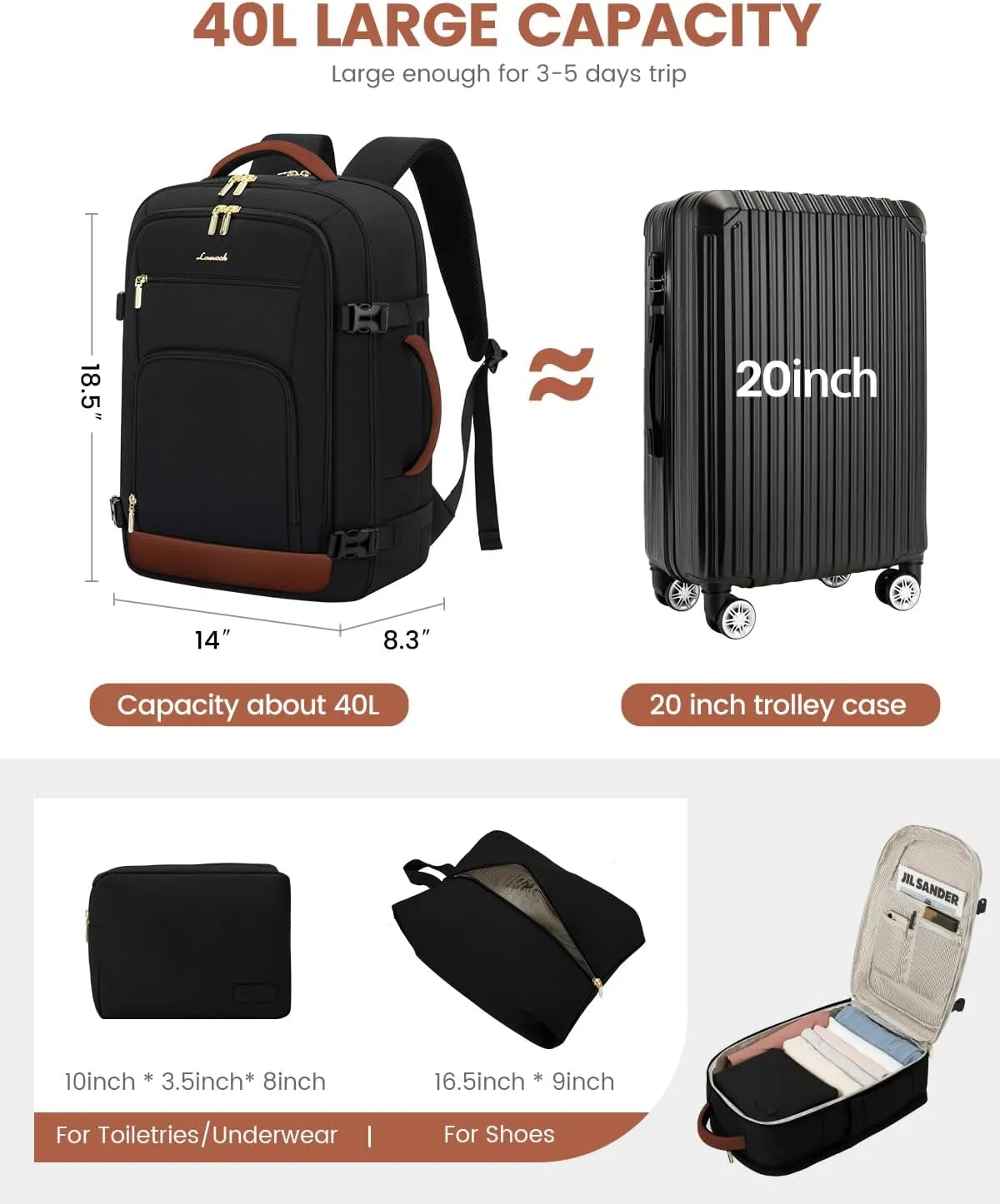 LOVEVOOK Carry On Travel Backpack For Women Men Flight Approved, 40L Personal Item Backpack for Airplanes, Business Weekender Overnight Daypack Fits 17 Inch Laptop, With 2 Packing Cubes, Black-Brown