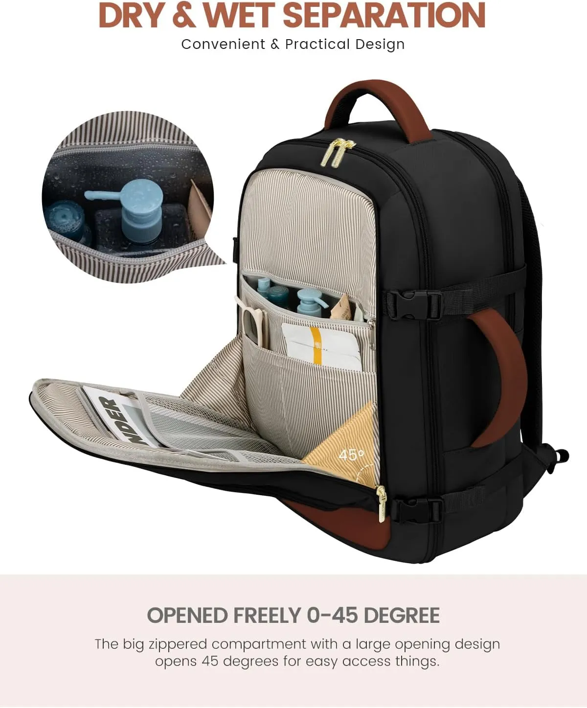 LOVEVOOK Carry On Travel Backpack For Women Men Flight Approved, 40L Personal Item Backpack for Airplanes, Business Weekender Overnight Daypack Fits 17 Inch Laptop, With 2 Packing Cubes, Black-Brown