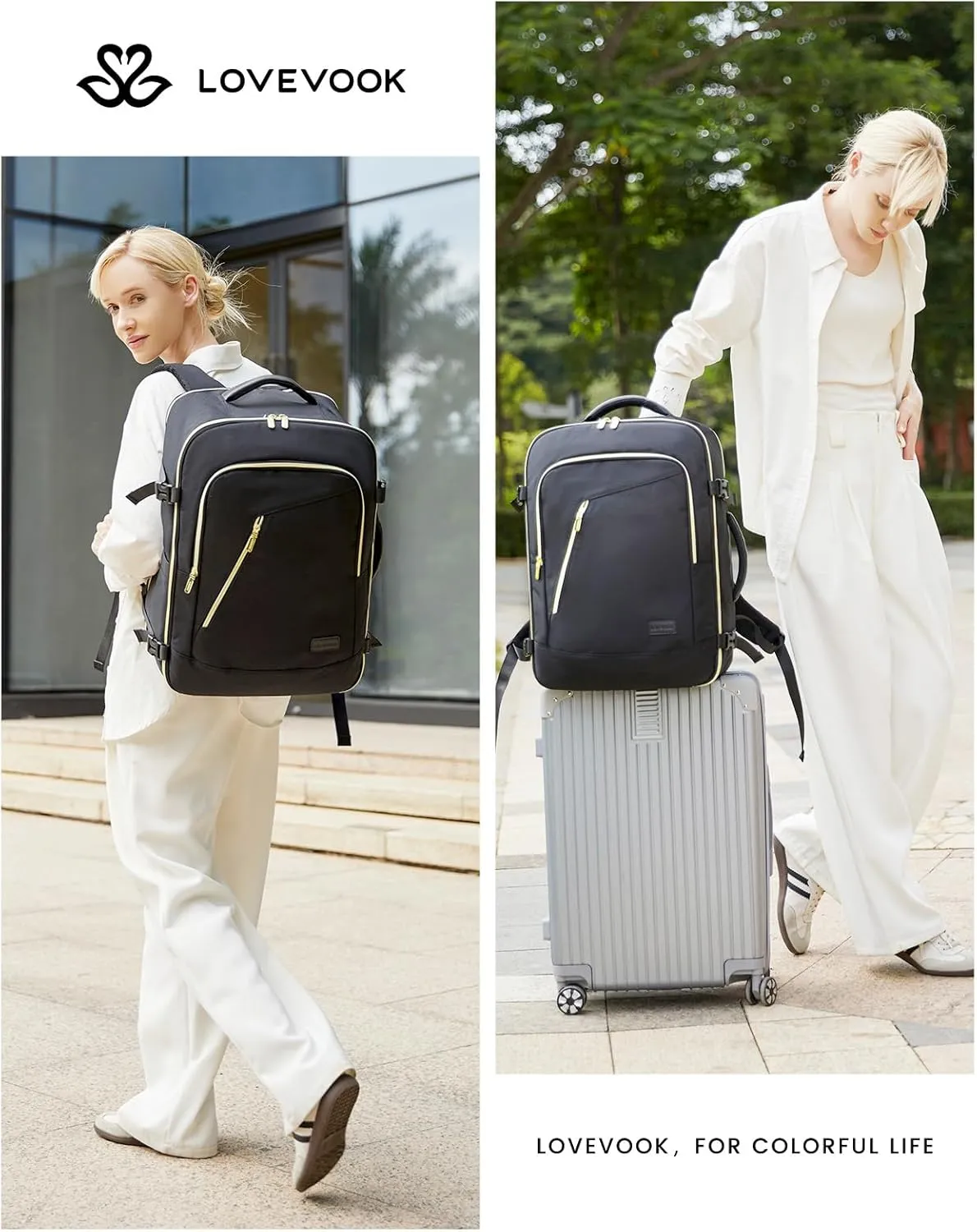LOVEVOOK Travel Backpack for Women, 50L Carry On, 17.3" Laptop, Black, Water-Resistant, Modern Design, Shoulder Strap, 18.7 x 12.9 x 7.7 inches