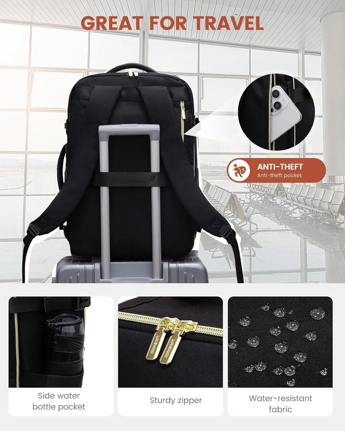LOVEVOOK Travel Backpack for Women, 50L Carry On, 17.3" Laptop, Black, Water-Resistant, Modern Design, Shoulder Strap, 18.7 x 12.9 x 7.7 inches