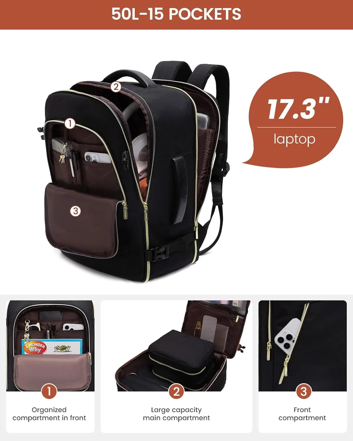 LOVEVOOK Travel Backpack for Women, 50L Carry On, 17.3" Laptop, Black, Water-Resistant, Modern Design, Shoulder Strap, 18.7 x 12.9 x 7.7 inches