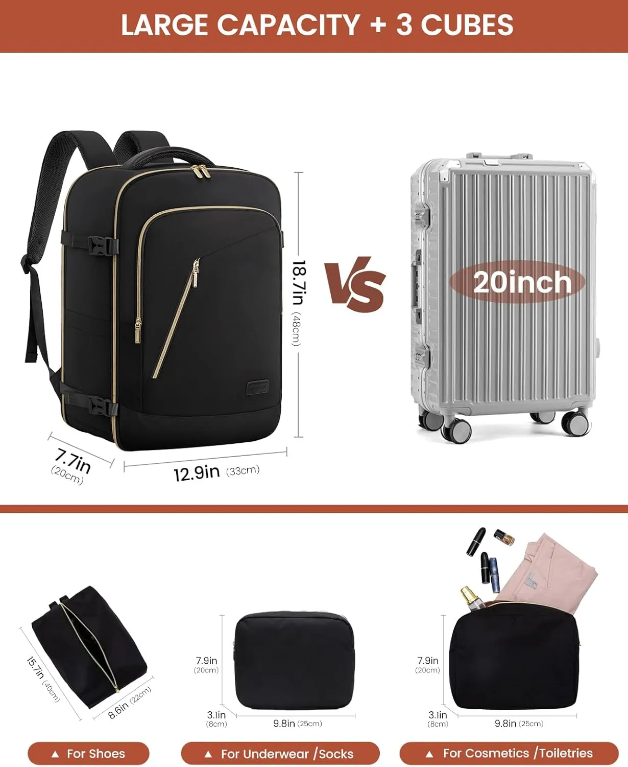 LOVEVOOK Travel Backpack for Women, 50L Carry On, 17.3" Laptop, Black, Water-Resistant, Modern Design, Shoulder Strap, 18.7 x 12.9 x 7.7 inches