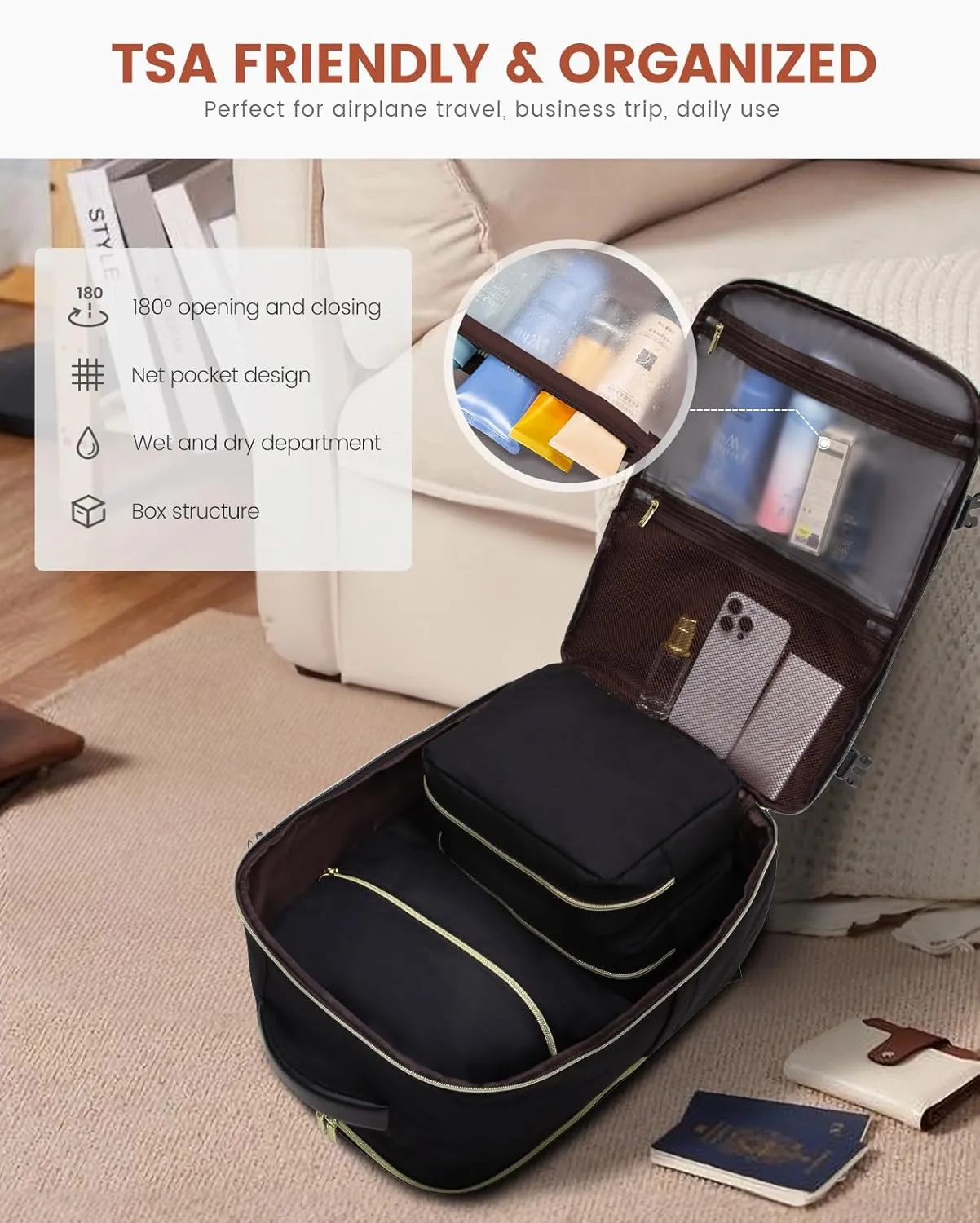 LOVEVOOK Travel Backpack for Women, 50L Carry On, 17.3" Laptop, Black, Water-Resistant, Modern Design, Shoulder Strap, 18.7 x 12.9 x 7.7 inches
