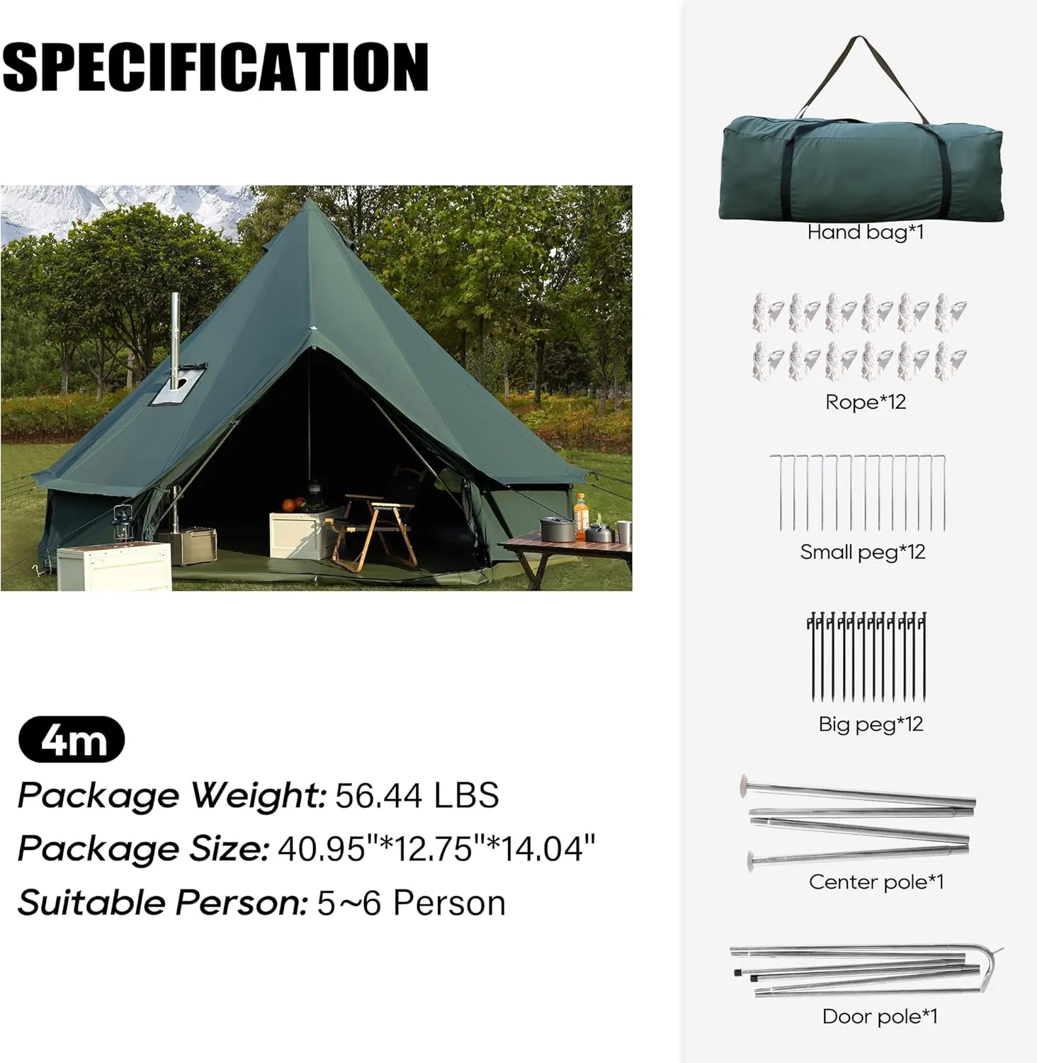 Luxury Cotton Bell Tent, Yurt Canvas Tent with Stove Jack, 4/6/8 Person Family 4 Season Camping