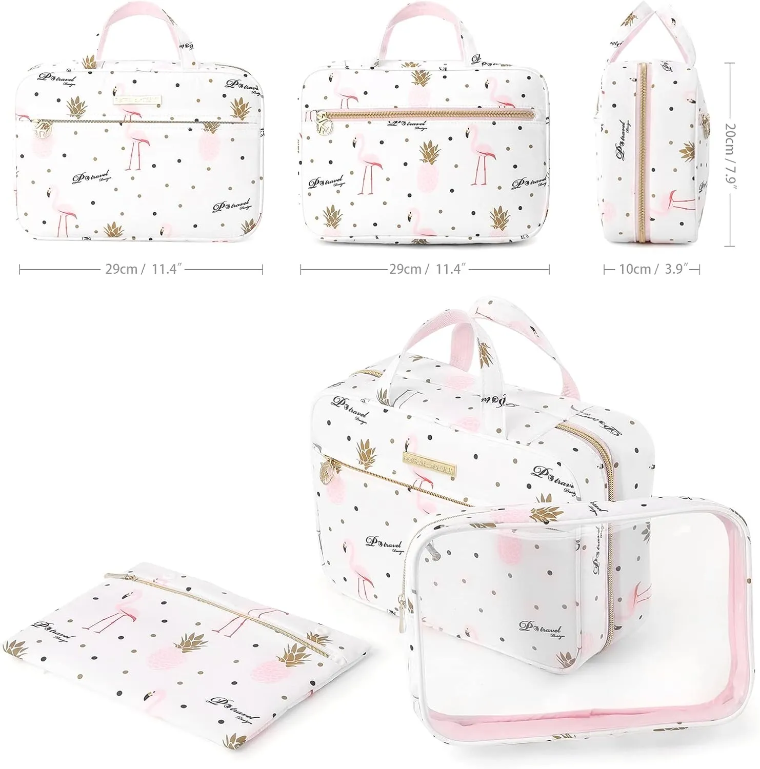 Lychii Hanging Toiletry Bag for Women, Travel Makeup Organizer Cosmetic Case for Bathroom Shower, Large - Flamingo Printed
