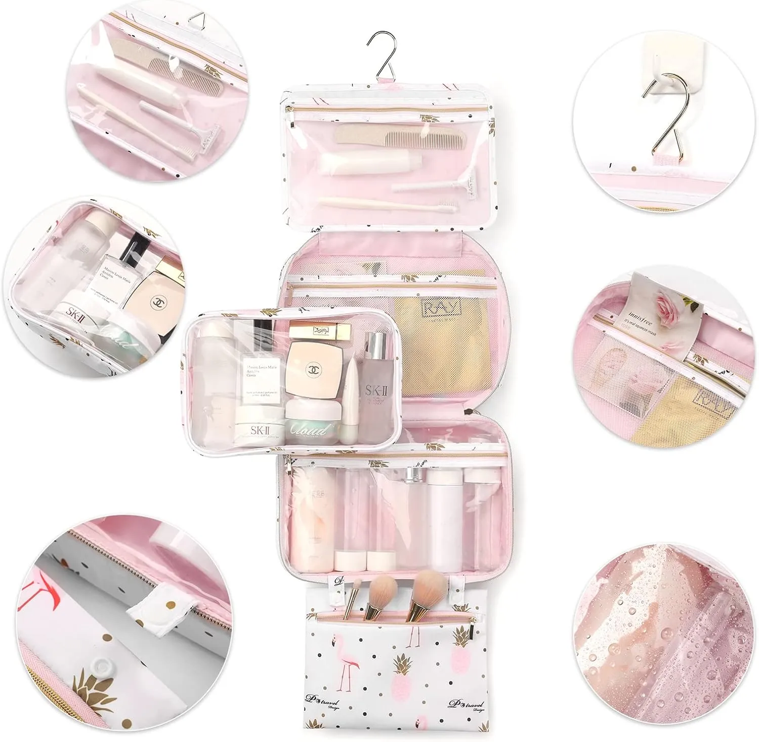 Lychii Hanging Toiletry Bag for Women, Travel Makeup Organizer Cosmetic Case for Bathroom Shower, Large - Flamingo Printed