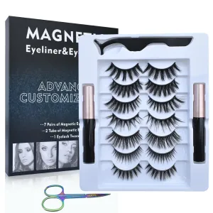 Magnetic Eyelashes with Eyeliner Kit 7 Pairs Lashes 2 Tubes Waterproof Different Densities Reusable False 1 Tweezer and Eyebrow Scissor Natural Look No Glue, 5.7x0.7x7 Inch, DM601