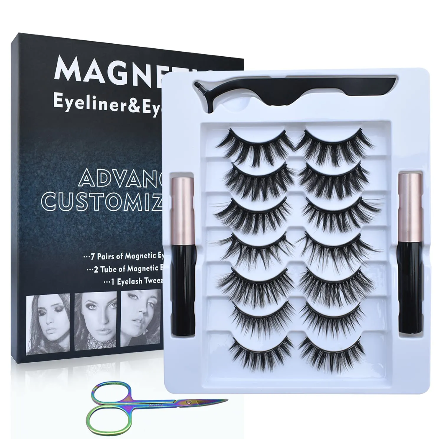 Magnetic Eyelashes with Eyeliner Kit 7 Pairs Lashes 2 Tubes Waterproof Different Densities Reusable False 1 Tweezer and Eyebrow Scissor Natural Look No Glue, 5.7x0.7x7 Inch, DM601