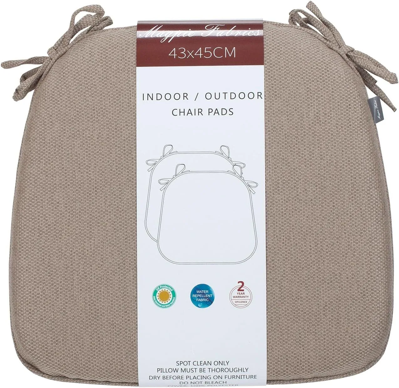 Magpie Fabrics 17"x16"x2" U-Shape Chair Cushions with Ties 4 Count, Outdoor Indoor Waterproof All Weather Seat Pads Decoration for Patio Garden Dining Office - Brown