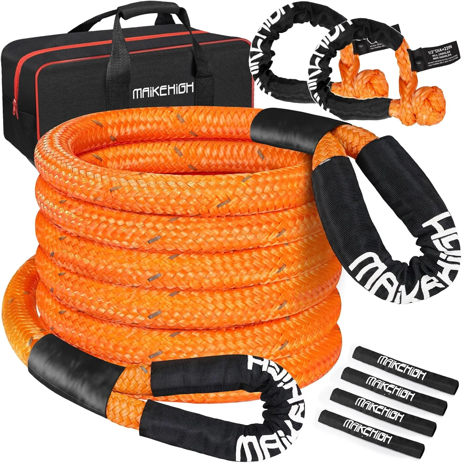 MAIKEHIGH 1-1/8" x 30ft Kinetic Tow Rope(56,000LBS), Heavy Duty Recovery Rope with 2 UHMWPE Soft Shackles, 30 % Elasticity Off Road Recovery Kit Towing Straps for Vehicle Trucks Tractor Car