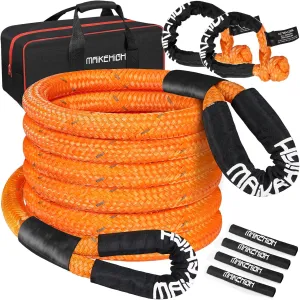MAIKEHIGH 1-1/8" x 30ft Kinetic Tow Rope(56,000LBS), Heavy Duty Recovery Rope with 2 UHMWPE Soft Shackles, 30 % Elasticity Off Road Recovery Kit Towing Straps for Vehicle Trucks Tractor Car